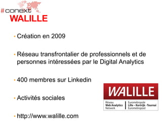 • Création en 2009
• Réseau transfrontalier de professionnels et de
personnes intéressées par le Digital Analytics
• 400 membres sur Linkedin
• Activités sociales
• http://www.walille.com
WALILLE
 