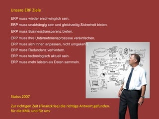 ERP muss wieder erschwinglich sein.
ERP muss unabhängig sein und gleichzeitig Sicherheit bieten.
ERP muss Businesstransparenz bieten.
ERP muss Ihre Unternehmensprozesse vereinfachen.
ERP muss sich Ihnen anpassen, nicht umgekehrt.
ERP muss Redundanz verhindern.
ERP muss technologisch aktuell sein.
Unsere ERP Ziele
Status 2007
Zur richtigen Zeit (Finanzkrise) die richtige Antwort gefunden.
für die KMU und für uns
ERP muss mehr leisten als Daten sammeln.
 
