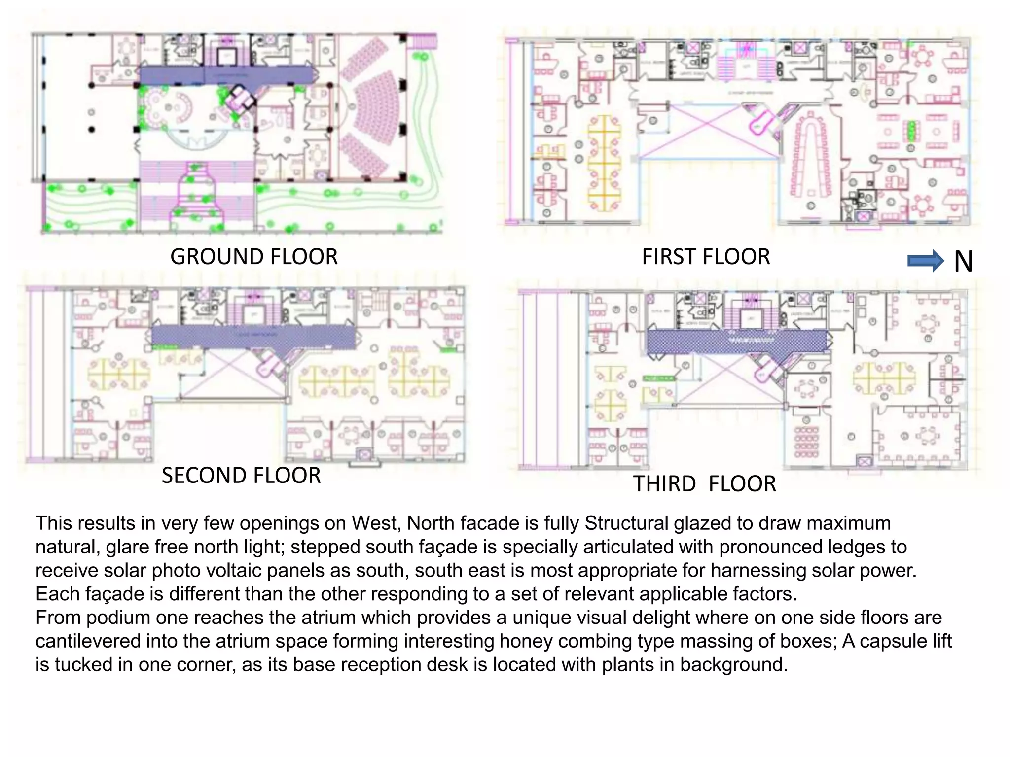 GROUND FLOOR

SECOND FLOOR

FIRST FLOOR

THIRD FLOOR

This results in very few openings on West, North facade is fully Structural glazed to draw maximum
natural, glare free north light; stepped south façade is specially articulated with pronounced ledges to
receive solar photo voltaic panels as south, south east is most appropriate for harnessing solar power.
Each façade is different than the other responding to a set of relevant applicable factors.
From podium one reaches the atrium which provides a unique visual delight where on one side floors are
cantilevered into the atrium space forming interesting honey combing type massing of boxes; A capsule lift
is tucked in one corner, as its base reception desk is located with plants in background.

N

 
