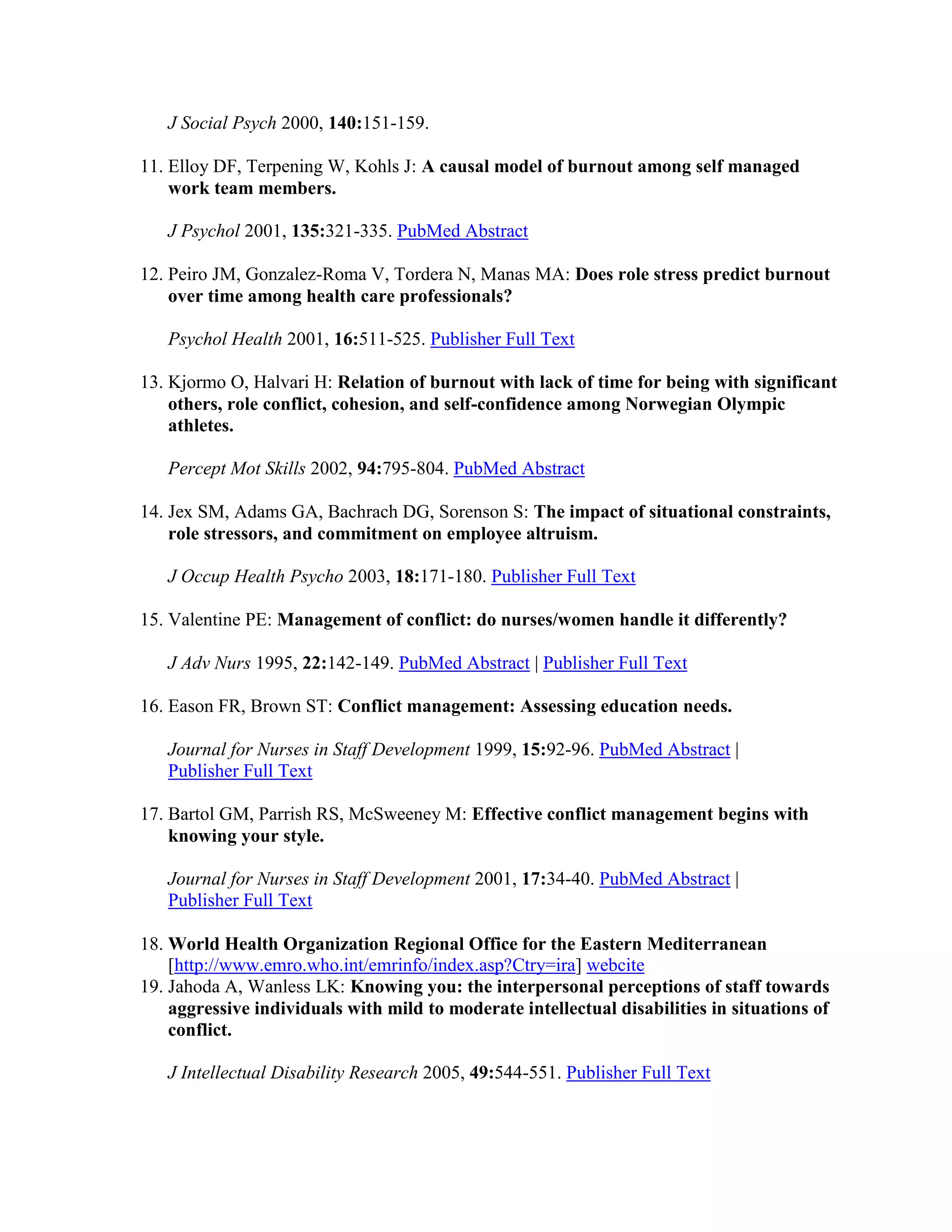 J Social Psych 2000, 140:151-159.

11. Elloy DF, Terpening W, Kohls J: A causal model of burnout among self managed
    work team members.

   J Psychol 2001, 135:321-335. PubMed Abstract

12. Peiro JM, Gonzalez-Roma V, Tordera N, Manas MA: Does role stress predict burnout
    over time among health care professionals?

   Psychol Health 2001, 16:511-525. Publisher Full Text

13. Kjormo O, Halvari H: Relation of burnout with lack of time for being with significant
    others, role conflict, cohesion, and self-confidence among Norwegian Olympic
    athletes.

   Percept Mot Skills 2002, 94:795-804. PubMed Abstract

14. Jex SM, Adams GA, Bachrach DG, Sorenson S: The impact of situational constraints,
    role stressors, and commitment on employee altruism.

   J Occup Health Psycho 2003, 18:171-180. Publisher Full Text

15. Valentine PE: Management of conflict: do nurses/women handle it differently?

   J Adv Nurs 1995, 22:142-149. PubMed Abstract | Publisher Full Text

16. Eason FR, Brown ST: Conflict management: Assessing education needs.

   Journal for Nurses in Staff Development 1999, 15:92-96. PubMed Abstract |
   Publisher Full Text

17. Bartol GM, Parrish RS, McSweeney M: Effective conflict management begins with
    knowing your style.

   Journal for Nurses in Staff Development 2001, 17:34-40. PubMed Abstract |
   Publisher Full Text

18. World Health Organization Regional Office for the Eastern Mediterranean
    [http://www.emro.who.int/emrinfo/index.asp?Ctry=ira] webcite
19. Jahoda A, Wanless LK: Knowing you: the interpersonal perceptions of staff towards
    aggressive individuals with mild to moderate intellectual disabilities in situations of
    conflict.

   J Intellectual Disability Research 2005, 49:544-551. Publisher Full Text
 