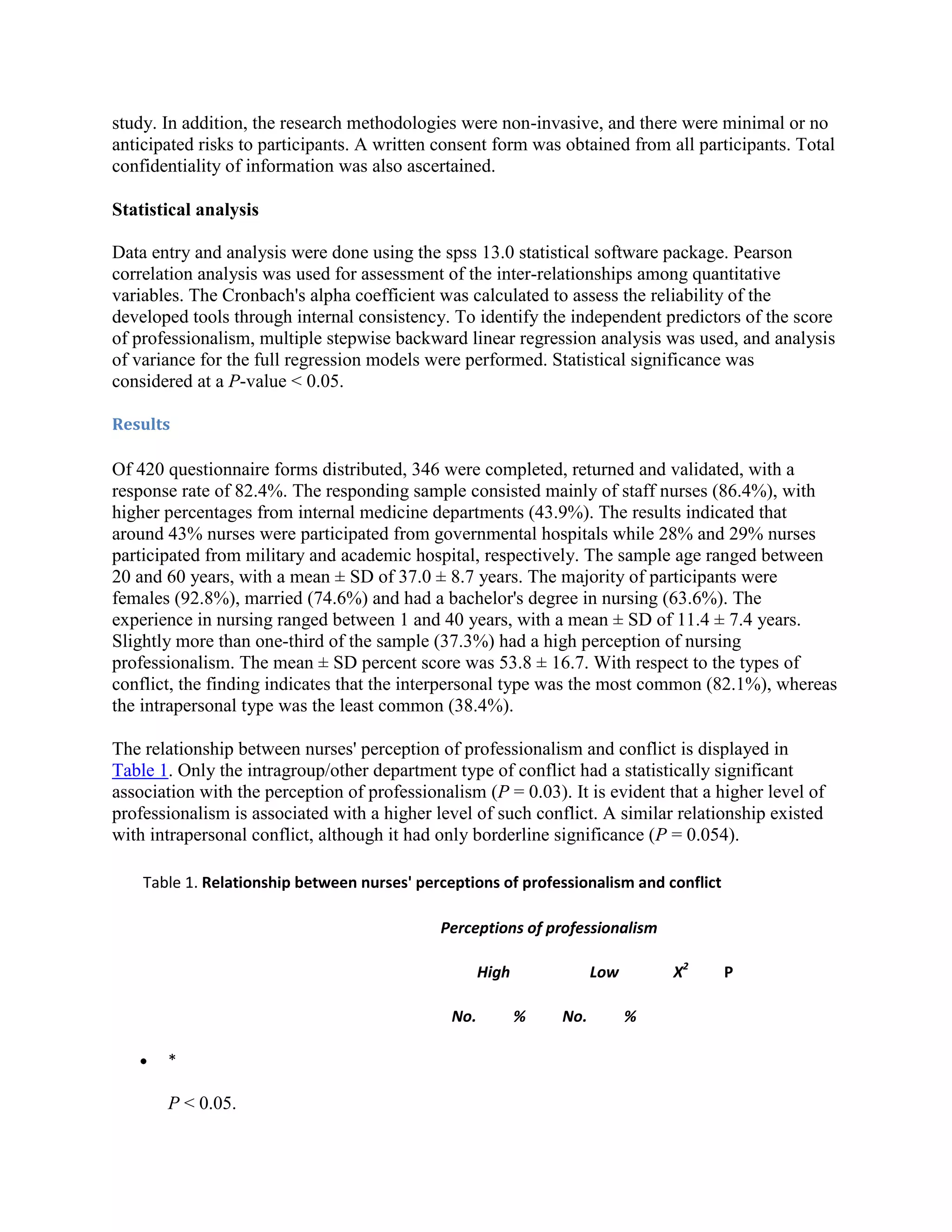 study. In addition, the research methodologies were non-invasive, and there were minimal or no
anticipated risks to participants. A written consent form was obtained from all participants. Total
confidentiality of information was also ascertained.

Statistical analysis

Data entry and analysis were done using the spss 13.0 statistical software package. Pearson
correlation analysis was used for assessment of the inter-relationships among quantitative
variables. The Cronbach's alpha coefficient was calculated to assess the reliability of the
developed tools through internal consistency. To identify the independent predictors of the score
of professionalism, multiple stepwise backward linear regression analysis was used, and analysis
of variance for the full regression models were performed. Statistical significance was
considered at a P-value < 0.05.

Results

Of 420 questionnaire forms distributed, 346 were completed, returned and validated, with a
response rate of 82.4%. The responding sample consisted mainly of staff nurses (86.4%), with
higher percentages from internal medicine departments (43.9%). The results indicated that
around 43% nurses were participated from governmental hospitals while 28% and 29% nurses
participated from military and academic hospital, respectively. The sample age ranged between
20 and 60 years, with a mean ± SD of 37.0 ± 8.7 years. The majority of participants were
females (92.8%), married (74.6%) and had a bachelor's degree in nursing (63.6%). The
experience in nursing ranged between 1 and 40 years, with a mean ± SD of 11.4 ± 7.4 years.
Slightly more than one-third of the sample (37.3%) had a high perception of nursing
professionalism. The mean ± SD percent score was 53.8 ± 16.7. With respect to the types of
conflict, the finding indicates that the interpersonal type was the most common (82.1%), whereas
the intrapersonal type was the least common (38.4%).

The relationship between nurses' perception of professionalism and conflict is displayed in
Table 1. Only the intragroup/other department type of conflict had a statistically significant
association with the perception of professionalism (P = 0.03). It is evident that a higher level of
professionalism is associated with a higher level of such conflict. A similar relationship existed
with intrapersonal conflict, although it had only borderline significance (P = 0.054).

    Table 1. Relationship between nurses' perceptions of professionalism and conflict

                                             Perceptions of professionalism

                                                     High             Low       X2      P

                                               No.          %   No.         %

       *

       P < 0.05.
 