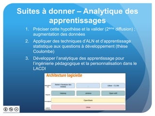 Suites à donner – Analytique des
apprentissages
1. Préciser cette hypothèse et la valider (2ème diffusion) ;
augmentation des données
2. Appliquer des techniques d’ALN et d’apprentissage
statistique aux questions à développement (thèse
Coulombe)
3. Développer l’analytique des apprentissage pour
l’ingénierie pédagogique et la personnalisation dans le
LACDI
 
