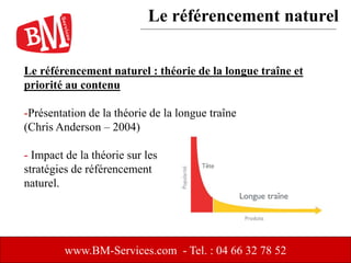 Le référencement naturel : théorie de la longue traîne et
priorité au contenu
-Présentation de la théorie de la longue traîne
(Chris Anderson – 2004)
- Impact de la théorie sur les
stratégies de référencement
naturel.
www.BM-Services.com - Tel. : 04 66 32 78 52
Le référencement naturel
 