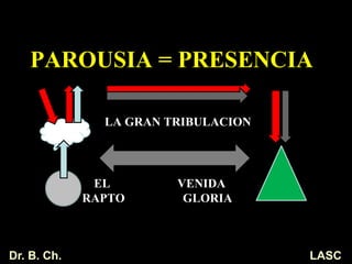 PAROUSIA = PRESENCIA
LA GRAN TRIBULACION
EL VENIDA EN
RAPTO GLORIA
LASCDr. B. Ch.
 