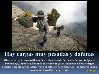 Hay cargas muy pesadas y dañinasMineros cargan canastos llenos de azufre extraído del cráter del volcán Ijen en Bayuwangi, Indonesia. Después de atravesar gases venenosos y llevar cargas pesadas durante varios kilómetros a la estación de recolección, los mineros ganan solo unos cinco dólares por viaje.LASC