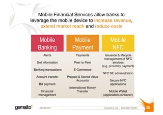 Mobile Financial Services allow banks to  
leverage the mobile device to increase revenue,  
     extend market reach and ...