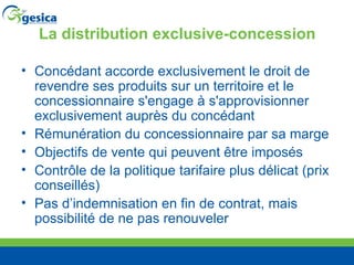 La distribution exclusive-concession Concédant accorde exclusivement le droit de revendre ses produits sur un territoire et le concessionnaire s'engage à s'approvisionner exclusivement auprès du concédant Rémunération du concessionnaire par sa marge Objectifs de vente qui peuvent  être imposés Contr ôle de la politique tarifaire plus délicat (prix conseillés) Pas d’indemnisation en fin de contrat, mais possibilité de ne pas renouveler 