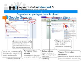 Conférence CCI-ISTIA 17 mars 2011 Jean marc Urrutibehety 11 Sur 15
Organisez et partagez dans le cloud
Intégrez du contenu
intégrez Google Docs,
Feuilles de calcul,
Formulaires, et Présentations
Editeur simple
aucune connaissance
HTML n'est requise pour
créer un site
Trouver l'information
rapidement
La technologie de recherche Google est
mise en oeuvre au sein de chaque site
Google Sites
Partagez en toute
sécurité
partagez Docs et Sites avec
un groupe au lieu d'individus
Parcourez et recherchez
les membres d'un groupe
peuvent accéder aux archives
des mails envoyés à leur liste
Créez des communautés
share information with groups via
email or web discussions
Google Groupes
 
