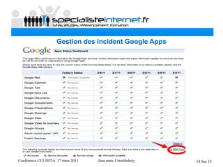 Conférence CCI-ISTIA 17 mars 2011 Jean marc Urrutibehety 14 Sur 15
Gestion des incident Google Apps
 