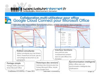 Conférence CCI-ISTIA 17 mars 2011 Jean marc Urrutibehety 8 Sur 15
Collaboration multi-utilisateur pour office
Interface familiaire
tirez profit de votre 
investissement existant 
dans le suite Office et la 
formation
Partage simple
Partage d'URLs pour tout 
fichier Microsoft Office
Edition simultanée
édition simultanée pour les fichiers 
Word, PowerPoint et Excel, pas de 
verrouillage de document ou de 
paragraphe
Historique des versions
historique des révisions pour les 
fichiers Microsoft Office, stocké 
dans Google Docs
Synchronisation intelligente
édition offline avec une 
synchronisation intelligente des 
modifications
Google Cloud Connect pour Microsoft Office
ajoutez de nouvelles fonctionnalités à vos anciens documents
 