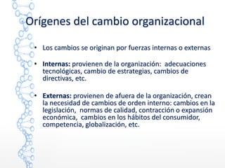 Orígenes del cambio organizacional
• Los cambios se originan por fuerzas internas o externas
• Internas: provienen de la organización: adecuaciones
tecnológicas, cambio de estrategias, cambios de
directivas, etc.
• Externas: provienen de afuera de la organización, crean
la necesidad de cambios de orden interno: cambios en la
legislación, normas de calidad, contracción o expansión
económica, cambios en los hábitos del consumidor,
competencia, globalización, etc.
 