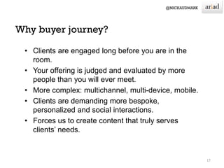 • Clients are engaged long before you are in the
room.
• Your offering is judged and evaluated by more
people than you will ever meet.
• More complex: multichannel, multi-device, mobile.
• Clients are demanding more bespoke,
personalized and social interactions.
• Forces us to create content that truly serves
clients’ needs.
17
 