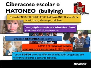 Ciberacoso escolar o
MATONEO (bullying)
Envían MENSAJES CRUELES O AMENAZANTES a través de
email, chats, Messenger, celulares
Crean páginas web con historias, fotos
y chistes ridiculizando a otros.
Difunden RUMORES por internet
Entran a la CUENTA DE CORREO
ELECTRÓNICO O MESSENGER de otra persona
Toman FOTOS de otros niños en una situación vergonzosa con
teléfonos celulares o cámaras digitales.

 
