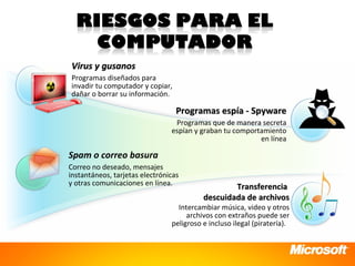Virus y gusanos
Programas diseñados para
invadir tu computador y copiar,
dañar o borrar su información.

                                  Programas espía - Spyware
                                 Programas que de manera secreta
                                espían y graban tu comportamiento
                                                          en línea

Spam o correo basura
Correo no deseado, mensajes
instantáneos, tarjetas electrónicas
y otras comunicaciones en línea.                  Transferencia
                                          descuidada de archivos
                                  Intercambiar música, video y otros
                                     archivos con extraños puede ser
                                peligroso e incluso ilegal (piratería).
 
