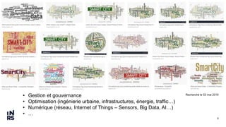 9
Recherché le 03 mai 2019• Gestion et gouvernance
• Optimisation (ingénierie urbaine, infrastructures, énergie, traffic…)
• Numérique (réseau, Internet of Things – Sensors, Big Data, AI…)
• …
 