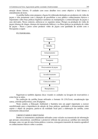 A Conferência da Terra: Aquecimento global, sociedade e biodiversidade                          160

atenção destes leitores. O cuidado com esses detalhes teve como objetivo a fácil leitura e
entendimento do texto.
         A cartilha Saiba como preparar a Juçara foi elaborada destinada aos produtores do vinho da
juçara e vêm justamente com a intenção de possibilitar a esse público conhecimentos básicos e
importantes sobre boas práticas higiênico-sanitárias na manipulação e comercialização da juçara e
seus derivados. Nesse contexto, enfocou-se os seguintes temas: Perigos na produção do vinho de
juçara (doença de chagas, doenças de transmissão hídrica), e as Boas práticas na produção do vinho
de juçara - Passo a passo como produzir vinho de juçara com qualidade de acordo com o
fluxograma a seguir.

          FLUXOGRAMA

                                                     Colheita



                                                     Debulha



                                                  Armazenamento



                                                    Transporte



                                              Processamento da juçara



                                                 Acondicionamento



                                                 Coleta de resíduos



                                                   Manipuladores


         Sugeriram-se também algumas dicas visando os cuidados na lavagem de reservatórios e
como lavar as mãos.
         Na confecção da cartilha foram utilizados o formato 16 (15x21cm), encadernação tipo
canoa, colorida (policromia), com 20 páginas.
         Neste cenário, a Educação Ambiental e Sanitária tem um papel importante a exercer
sensibilizando para a importância da adoção de boas práticas, quebrando o distanciamento entre
sujeito e objeto da pesquisa, partiu-se da realidade local para a elaboração da cartilha, como
instrumento educacional.

        3 RESULTADOS E DISCUSSÃO
        Dentre os instrumentos atualmente utilizados como veículos na transmissão de informação
que possam conscientizar, sensibilizar e promover reflexão das pessoas,as cartilhas tem merecido
destaque, uma vez que de uma forma prática e concisa, conseguem transmitir de maneira agradável
os conhecimentos básicos sobre o assunto.
 
