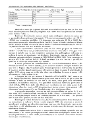 A Conferência da Terra: Aquecimento global, sociedade e biodiversidade                              264

          Tabela 01: Preço dos recicláveis praticados no Lixão de Irecê (kg).
 Resíduo                              Irecê (R$)               Salvador (1) (R$)   Recife(1) (R$)
 Garrafa PET                          0,20                     0,70                1,0
 Papel branco                         0,05                     0,35                0,32
 Latas de Aço                         0,15                     ----                0,22
 Papelão                              0,10                     0,20                0,28
 Alumínio                             1,50                     3,00                2,2
          (1)
            Fonte: CEMPRE (2009).

          Observou-se ainda que os preços praticados pelos atravessadores em Irecê são 50% mais
baixos do que os praticados em Recife para garrafa PET e 100% abaixo dos praticados em Salvador
para o alumínio (Tabela 1).
          Em termos de rendimentos mensais, a renda média obtida pelos catadores no período que
os questionários foram aplicados foi a seguinte: 75% conseguiram um ganho variável entre R$ 101
e 200,00 com os materiais recolhidos; 25% alcançaram uma renda entre R$ 201 e 300,00. Para
conseguir tal remuneração, a jornada de trabalho é variável. Assim, 20% deles trabalham até 4 horas
diárias; 30% têm atividade laborativa de 6 horas diárias; 45% ficam nesse espaço entre 7 e 8 horas e
5% permanecem nesse local mais de 8 horas diariamente.
          A baixa escolaridade é considerada como um dos fatores que pode ter levado esses
cidadãos a trabalhar nesse local, estando diretamente relacionada com a falta de opção, pois com o
mercado de trabalho cada vez mais competitivo, a exigência pela qualificação do profissional e a
ausência da mesma nos pesquisados é um dos fatores determinantes para que esses indivíduos se
submetam a atividades de baixa remuneração (RIBEIRO & SANTOS, 2000). Como encontrado na
pesquisa, 42,8% dos catadores do lixão de Irecê não sabem ler e nem escrever, o que dificulta
questionar os valores que o atravessador paga para eles.
          É notável que muitos dos catadores tiveram sua vida escolar interrompida. Assim, 23,8%
deixaram os estudos por causa do trabalho; 23,8% foi devido à falta de condições da família em
arcar com as despesas e 52,4% relataram que a deixaram por diversos motivos entre eles por falta
de incentivo familiar. Quando questionados sobre conhecer algum programa de alfabetização de
adultos 85,8% dizem nunca ter ouvido falar sobre essa modalidade de ensino e apenas 14,2%
julgam saber da existência dessa opção.
          A Pesquisa Nacional por Amostra de Domicílios (PNAD) (IBGE, 2005) apontou que
31,5% da população brasileira apresentou entre quatro e sete anos de estudo. No que se refere aos
catadores, a média de estudo foi de dois anos e oito meses, sendo quase todos considerados
analfabetos ou analfabetos funcionais, pois apresentam escolaridade menor que quatro anos de
estudo (IBGE, 2000). Estes dados não diferem dos encontrados em Irecê onde apenas 23,8%
afirmam que sabem ler e escrever, 19% dos entrevistados revelou assinar o nome apenas e 14,2%
afirmam que “sabem um pouco”, o que é insuficiente para lê os rótulos dos resíduos.
          A população pesquisada é composta por indivíduos com idades que variam de 18 a 62
anos, sendo 14,2% deles com a idade compreendida de 18 a 25 anos; 19% com idade entre 26 a 35
anos, a mesma porcentagem refere-se aos catadores com idade de 36 a 40 anos; 23,8% possuem
entre 41 e 50 anos e apenas 4,8% deles tem mais de 60 anos.
          Em relação a vontade de voltar a estuda, 52,4% demonstram que tem desejo de ampliar o
seu conhecimento e melhorar a leitura e escrita enquanto 42,8% não apresentam o anseio de
aprender, pois acreditam que não existe mais tempo para isso, estão desmotivados e com a auto-
estima baixa e 4,8% admitiram que às vezes tem essa pretensão, mas, são descrentes que tenha
condições de instruir-se.
          Dos catadores entrevistados, 38,1% já buscou outro tipo de atividade e profissão, mas, não
obteve êxito e 61,9% revelou que não procurou outra oportunidade de emprego até mesmo por não
ter conseguido antes de se tornar catador, acreditando que se não alcançou sucesso antes, não teria
motivos para novas tentativas.
 