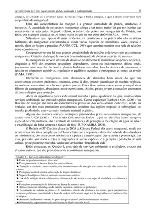 A Conferência da Terra: Aquecimento global, sociedade e biodiversidade                                  45

energia, dissipando-as e criando águas de baixa força e baixa energia, o que é muito relevante para
o equilíbrio do manguezal.
          Uma das características do mangue é a grande quantidade de peixes, crustáceos e
moluscos. A quantidade de peixes nos manguezais chega a ser muito maior do que nos habitat das
zonas costeiras adjacentes. Segundo relatos, o número de peixes nos manguezais da Flórida, nos
EUA, por exemplo, chega a ser 35 vezes maior do que na sua costa (RÖNNBÄCK, 1999).
          Saliente-se que, apesar de mais evidentes, os crustáceos e os peixes não são os únicos
habitantes do manguezal; encontrando-se ainda várias espécies de mamíferos, aves, insetos e
répteis, além de fungos e parasitas (VANNUCCI, 1999), que também mantêm uma rede de relações
nesse ecossistema.
          Compreende-se que há uma grande complexidade de relações e de trocas nos ecossistemas
manguezais. Complexidade que favorece o desenvolvimento de diversas espécies de animais.
          Os manguezais servem de zona de desova e de alimento de inumeráveis espécies de peixes,
chegando a 80% dos recursos pesqueiros dependerem, direta ou indiretamente, deles; tendo,
juntamente com arrecifes de coral e plantas herbáceas marinhas, função decisiva de armazenar e
reciclar os elementos nutritivos, regulando o equilíbrio aquático e protegendo as terras da erosão
(JUMA, 1997).
          Oferecem os manguezais uma abundância de alimentos bem maior do que nos
ecossistemas costeiros próximos, contendo, como já dito, grande quantidade de matéria orgânica,
tornando-se assim atrativo a larvas e peixes jovens. Estes têm, muitas vezes, como principal dieta
filhotes de caranguejos, abundantes nesse ecossistema. Assim, peixes jovens e camarões encontram
ali bons refúgios para proteção.
          Além da importância para a vida animal marinha e para a qualidade da água, muitos outros
serviços ambientais são prestados pelos manguezais. Como explicitam Barbier e Cox (2004), “as
florestas de mangue são uma das características primárias dos ecossistemas costeiros”, sendo, na
verdade, um dos mais produtivos ecossistemas costeiros das regiões tropicais e subtropicais do
mundo, produzindo, uma vez mais, bastante material orgânico.
          Alguns dos maiores serviços ecológicos promovidos pelos ecossistemas manguezais, de
acordo com UICN (2003) – The World Conservation Union –, que os classifica como categoria
especial de terra molhada, são o controle de enchentes e de poluição, a reciclagem da água do solo e
a estabilização da linha costeira e bancos de rios (TUPINAMBÁ, 2004).
          O Relatório GT-Carcinicultura de 2005 da Câmara Federal diz que o manguezal, sendo um
ecossistema dos mais complexos do Planeta, favorece a segurança alimentar advinda das atividades
de subsistência, pois atua como suporte para a pesca e a mariscagem. Serve ainda à preservação das
aves, por estar vinculado a rotas de migrações de várias espécies, e à geração e produção de vida
animal, principalmente marinha, sendo um verdadeiro “berçário da vida”.
          Estão elencadas, no Quadro 1, uma série de serviços ambientais e ecológicos, citados por
diversos autores, que são prestados pelos ecossistemas manguezais.

 Quadro 1 – Serviços ambientais e ecológicos*
 ► Fonte de produtos naturais diversos;
 ► Proteção contra enchentes, furacões e ondas fortes;
 ► Proteção e controle contra erosão pelo amortecimento da energia das marés através das raízes das
 plantas;
 ► Proteção e controle contra salinização de lençóis freáticos;
 ► Suporte biológico e físico a outros ecossistemas costeiros;
 ► Local de refúgio, desenvolvimento e alimentação de peixes – em especial marinhos – crustáceos e
 outros;
 ► Proteção e conservação de habitares de fauna de natureza rara;
 ► Armazenamento e reciclagem de matéria orgânica, nutrientes e poluentes;
 ► Exportação de matéria orgânica e de nutrientes, através da dinâmica das marés, para ecossistemas
 costeiros próximos, constituindo a base da cadeia trófica com espécies de importância econômica e/ou
 ecológica;
 ► Aumento do desenvolvimento da pesca em geral através do fornecimento de detritos;
 ► Manutenção, regulamento e diversificação da biodiversidade local;
 