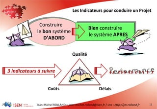 Jean-Michel ROLLAND – jean-michel.rolland@isen.fr / site : http://jm-rolland.fr 11
Les Indicateurs pour conduire un Projet
Construire
le bon système
D’ABORD
Bien construire
le système APRES
3 indicateurs à suivre
Qualité
Coûts Délais
 