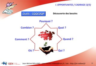 Jean-Michel ROLLAND – jean-michel.rolland@isen.fr / site : http://jm-rolland.fr 15
Outils : CQQCOQP Découverte des besoins
I. OPPORTUNITES / CADRAGE (3/5)
Comment ?
Quoi ?
Qui ?
Combien ?
Où ?
Quand ?
Pourquoi ?
 