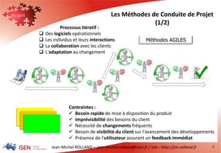 Jean-Michel ROLLAND – jean-michel.rolland@isen.fr / site : http://jm-rolland.fr 4
Processus Itératif :
 Des logiciels opérationnels
 Les individus et leurs interactions
 La collaboration avec les clients
 L'adaptation au changement
Contraintes :
 Besoin rapide de mise à disposition du produit
 Imprévisibilité des besoins du client
 Nécessité de changements fréquents
 Besoin de visibilité du client sur l'avancement des développements
 Présence de l'utilisateur assurant un feedback immédiat
Méthodes AGILES
Les Méthodes de Conduite de Projet
(1/2)
 