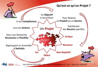 Jean-Michel ROLLAND – jean-michel.rolland@isen.fr / site : http://jm-rolland.fr 6
Qu’est-ce qu’un Projet ?
Un Objectif
à concrétiser Pour Réaliser
un Produit ou un Service
Satisfaisant
des Besoins spécifiés
Regroupant un ensemble
d’Activités
Avec des Acteurs Un Projet
Dans une Démarche
Structurée et Planifiée
Unique
Novateur
Non Répétitif
Début
Fin
Et des Compétences
 