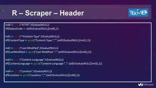 R – Scraper – Header
ind0 <- grep("HTTP/",h$value(NULL))
df$StatusCode <- tail(h$value(NULL)[ind0],1)
ind1 <- grep("^Conte...