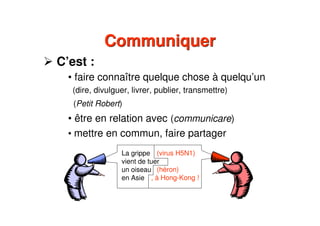 CommuniquerCommuniquer
C’est :
• faire connaître quelque chose à quelqu’un
(dire, divulguer, livrer, publier, transmettre)
(Petit Robert)
• être en relation avec (communicare)
• mettre en commun, faire partager
La grippe
vient de tuer
un oiseau
en Asie
(virus H5N1)
(héron)
, à Hong-Kong !
 