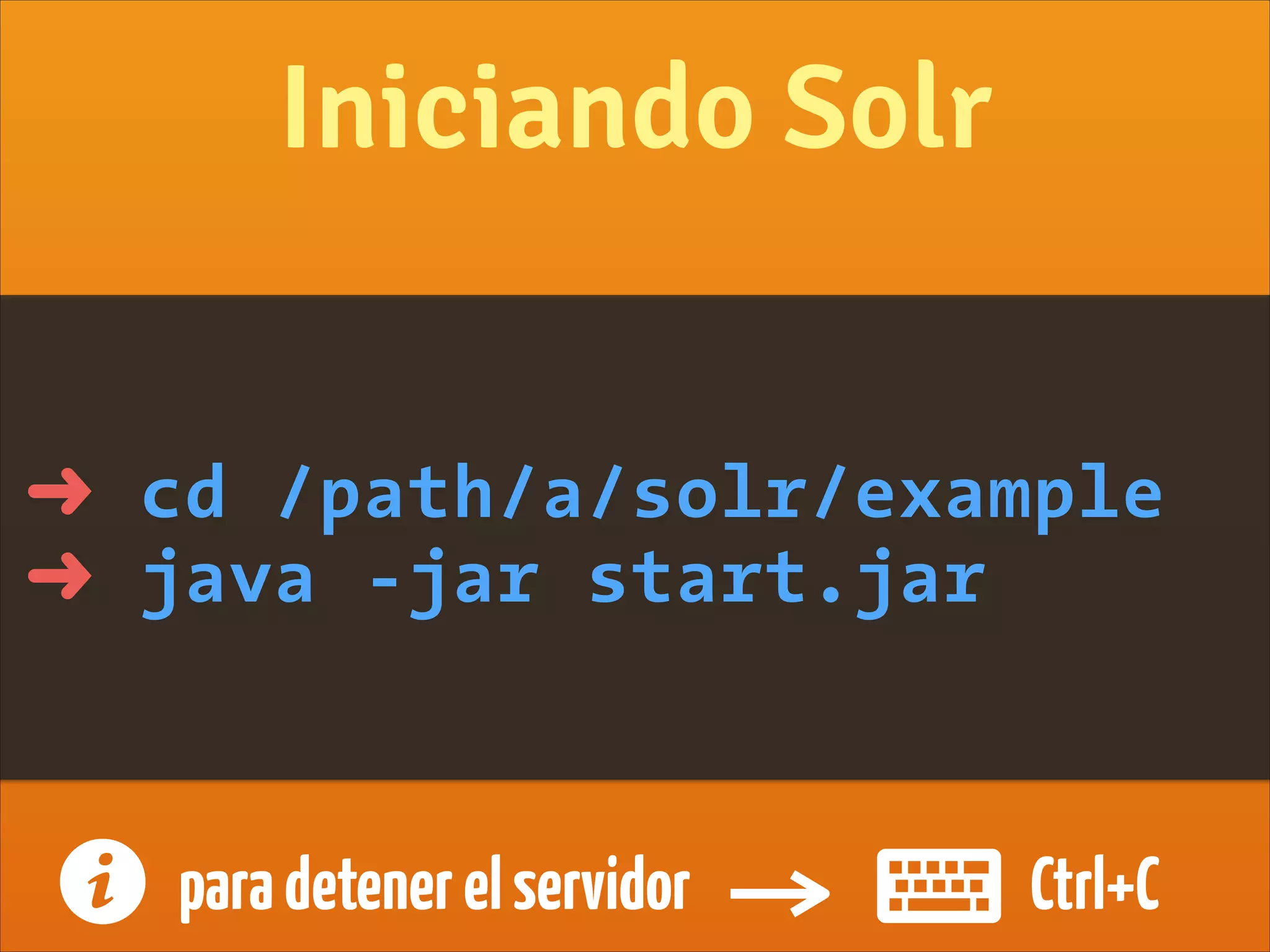 ➜ cd /path/a/solr/example
➜ java -jar start.jar
Iniciando Solr
⌨Ctrl+C#paradetenerelservidor
 