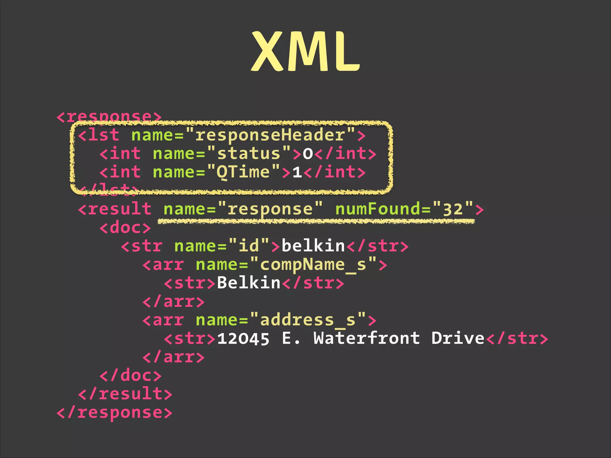 <response>
<lst name="responseHeader">
<int name="status">0</int>
<int name="QTime">1</int>
</lst>
<result name="response" numFound="32">
<doc>
<str name="id">belkin</str>
<arr name="compName_s">
<str>Belkin</str>
</arr>
<arr name="address_s">
<str>12045 E. Waterfront Drive</str>
</arr>
</doc>
</result>
</response>
XML
 