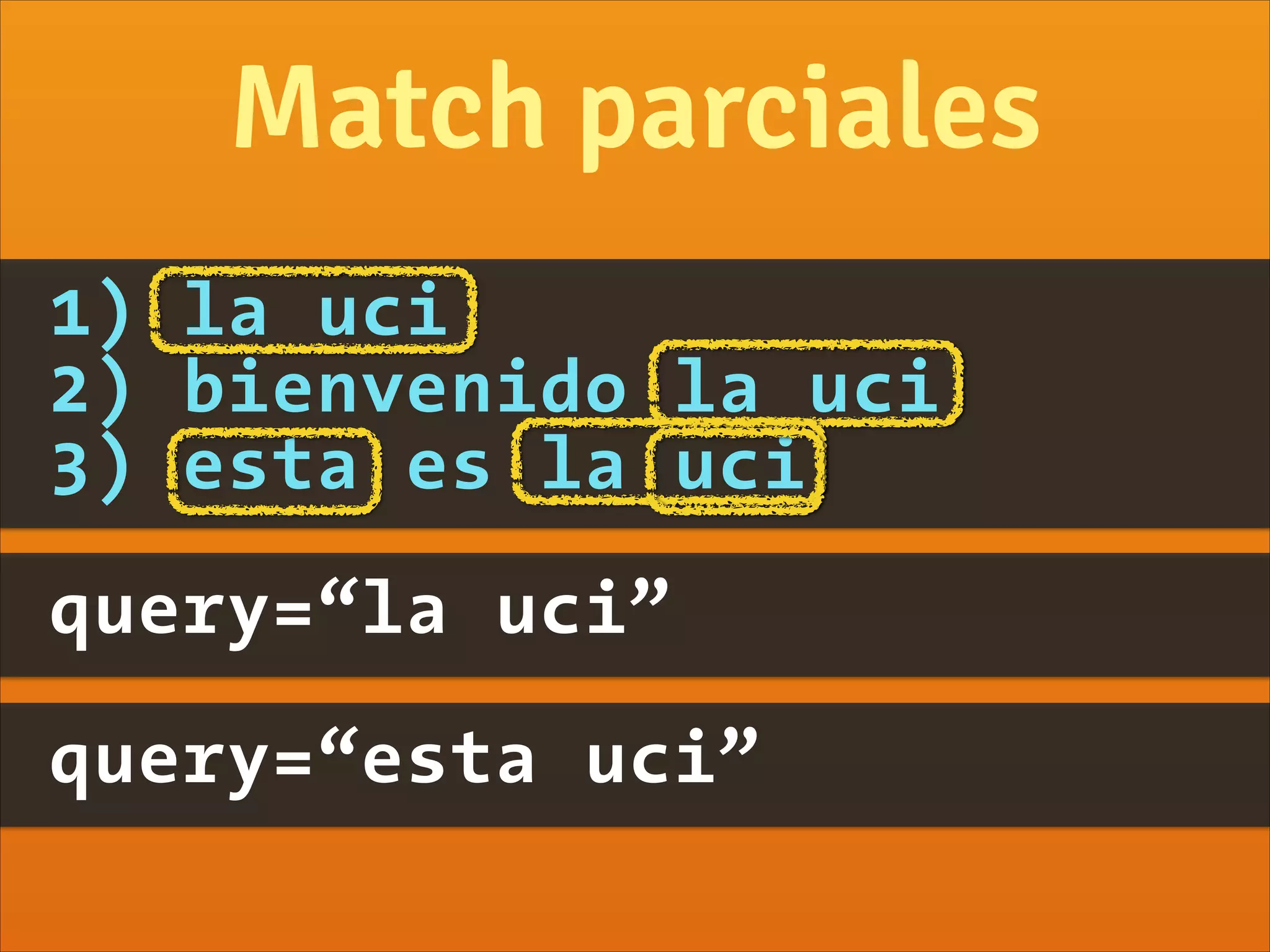 1) la uci
2) bienvenido la uci
3) esta es la uci
Match parciales
query=“la uci”
query=“esta uci”
 