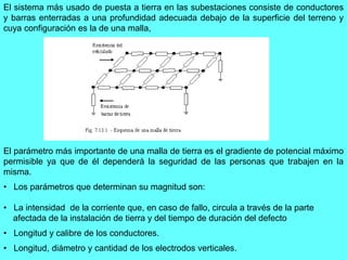 El sistema más usado de puesta a tierra en las subestaciones consiste de conductores
y barras enterradas a una profundidad adecuada debajo de la superficie del terreno y
cuya configuración es la de una malla,
El parámetro más importante de una malla de tierra es el gradiente de potencial máximo
permisible ya que de él dependerá la seguridad de las personas que trabajen en la
misma.
• Los parámetros que determinan su magnitud son:
• La intensidad de la corriente que, en caso de fallo, circula a través de la parte
afectada de la instalación de tierra y del tiempo de duración del defecto
• Longitud y calibre de los conductores.
• Longitud, diámetro y cantidad de los electrodos verticales.
 