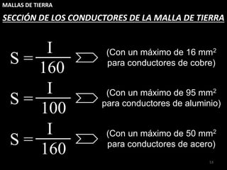 MALLAS DE TIERRA
53
SECCIÓN DE LOS CONDUCTORES DE LA MALLA DE TIERRA
S =
160
I (Con un máximo de 16 mm2
para conductores de cobre)
S =
100
I (Con un máximo de 95 mm2
para conductores de aluminio)
S =
160
I (Con un máximo de 50 mm2
para conductores de acero)
 