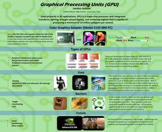 Graphical Processing Units (GPU)
                                                                         Landon Jackson
                                                              William Mason High School - Cincinnati, Ohio

                                         Used primarily in 3D applications, GPU is a single-chip processor with integrated
                                       transform, lighting, triangle setup/clipping, and rendering engines that is capable of
                                                     processing a minimum of 10 million polygons per second.

                                                     Color Graphics Adapter (Model 5150 IBM PC)
This Is the first GPU ever created called the CGA (Color
Graphics Adapter) located in the IBM PC Model 5150.                                                              (Cyan, Purple, White, Black; Green, Red,
It only had certain color palettes that it could work with
and in those palettes one color had to be black and you                                                          Yellow, Black; Red, Black, Cyan, White).
could choose the others.

                                                                       Types of GPUs

                                                                                                             There are three types of video cards PCI, AGP and PCI-E.
    •   Peripheral Component Interconnect                                                                    PCI is the oldest type of video card AGP comes next and
    •   Accelerated Graphics Port (AGP)                                                                      the newest installment is PCI-E and there is regular, 2.0,
    •   Peripheral Component Interconnect                                                                    2.1, x1 and x16 2.0 and they all work very differently
        Express                                                                                              regarding speeds or overclocking abilities.


                                                                               Uses
                                                                                                                 GPUs have many uses but here are some of the most common
                                                                                                                 uses: Gaming is very big and that is probably where GPU
•       Gaming                                                                                                   businesses such as Nvidia earn most of their profit. Next is
•       Medical (CT/MRI and Ultrasonic 3D viewing)                                                               medical and this is a very big help in the medical field such as
•       Simulations                                                                                              speeding up MRI scanning or turning Ultrasounds 3D. Lastly is
                                                                                                                 simulators which is helpful in training students or soldiers in
                                                                                                                 simulated scenarios before the real event or action.
                                                                            Barriers
                                                                                                                 If not treated carefully, GPUs can become slowed and
                                                                                                                 even melted. It is important to have a good amount
•       Fragile                                                                                                  of cooling with your GPU. They can also break very
•       Overheating                                                                                              easily and should be handle with care. GPUs are so
•       Cost                                                                                                     expensive the cost of one GPU can equal the price of
                                                                                                                 a personal computer but are very worth it.

                                                                             Future
                                                                                                                The future of GPU computing is very bright. Technology and
•       Faster                                                                                                  software companies are creating partnerships and their
•       Partnerships                                                                                            products just keep getting better and way more realistic.
•       More realistic
 