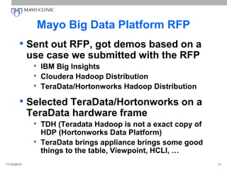 Mayo Big Data Platform RFP
• Sent out RFP, got demos based on a
use case we submitted with the RFP
• IBM Big Insights
• Cloudera Hadoop Distribution
• TeraData/Hortonworks Hadoop Distribution
• Selected TeraData/Hortonworks on a
TeraData hardware frame
• TDH (Teradata Hadoop is not a exact copy of
HDP (Hortonworks Data Platform)
• TeraData brings appliance brings some good
things to the table, Viewpoint, HCLI, …
11/16/2014 11
 