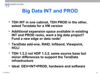 Big Data INT and PROD
• TDH INT in one cabinet, TDH PROD in the other,
asked Teradata for a VM version
• Additional expansion space available in existing
INT and PROD racks, want a big data project?
Fund a new edge or data node!
• TeraData add-ons, RAID, Infiband, Viewpoint,
HCLI
• TDH 1.3.2 not HDP 1.3.2, same source base but
minor differences to support the TeraData
infrastructure
• Ideal: DEV=INT=PROD, hardware and software
11/16/2014 12
 