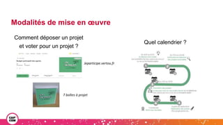 Modalités de mise en œuvre
Quel calendrier ?
Jeparticipe.vertou.fr
Comment déposer un projet
et voter pour un projet ?
7 boîtes à projet
 