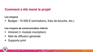 Comment a été mené le projet
Les moyens
 Budget : 10 000 € (animations, frais de bouche, etc.)
Les moyens de communication interne
 Intranet (+ module inscription)
 Mail de diffusion générale
 Supports print
 