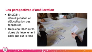  En 2021 :
démultiplication et
délocalisation des
rencontres
 Réflexion 2022 sur la
durée de l’événement
ainsi que sur le fond
Les perspectives d’amélioration
 