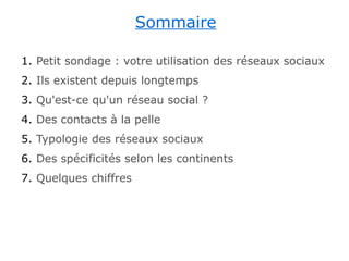 Sommaire

1. Petit sondage : votre utilisation des réseaux sociaux
2. Ils existent depuis longtemps
3. Qu'est-ce qu'un réseau social ?
4. Des contacts à la pelle
5. Typologie des réseaux sociaux
6. Des spécificités selon les continents
7. Quelques chiffres
 
