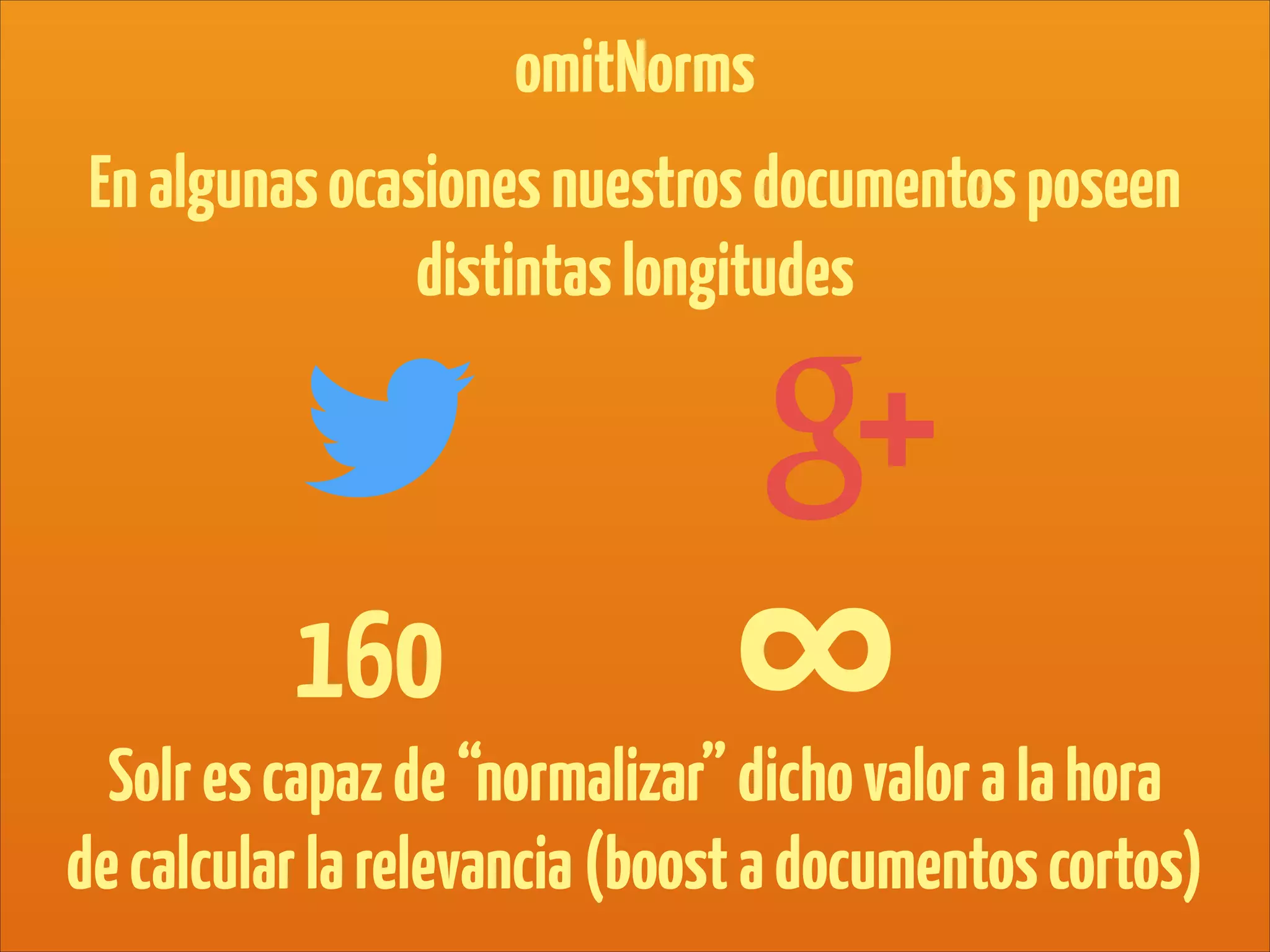 omitNorms
Enalgunasocasionesnuestrosdocumentosposeen
distintaslongitudes
!160
"
∞Solrescapazde“normalizar”dichovaloralahora
decalcularlarelevancia(boostadocumentoscortos)
 