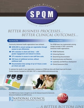 national council for community Behavioral healthcare




Better Business Processes…
       Better clinical outcomes…
   RESULTS                                                                STRATEGIES
   Community behavioral health organizations have achieved:               The SPQM team has implemented winning
        $200,000 in annual savings per organization through               change concepts in 500+ community
        access to care efficiencies.                                      behavioral health organizations:

        40% reduction in client wait times — with                              SPQM Dashboards
        greater engagement and reduced no-shows.                               Enhancing Revenue
        37% reduction in access to care staff time costs.                      Streamlining Documentation
        450 hours of additional services, without                              Improving Access and Retention
        additional staff.                                                      Leadership and Workforce Development
        Documentation time savings of up to 9 hours a week                     Clinical Assessment Tools
        per direct care staff.
   To replicate the results in your organization, schedule an SPQM test drive with David Lloyd and his team.
   Contact Jeannie Campbell at 202.684.7457 or JeannieC@thenationalcouncil.org.




   The SPQM Services Suite is brought to you by the National Council for Community
   Behavioral Healthcare and MTM Services




102                                                                     www.TheNationalCouncil.org/Conference · 202.684.7457

                                                       … a Better Bottom line
 
