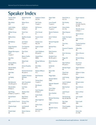 national council for community Behavioral healthcare




Speaker index
Thomas acker             Michael Burchell      stephenie colston   roger Fallot             David Guth, Jr.       rupert Isaacson
a Poster 2               TLT3                  c8, D10             e4                       a3, c14               c12

May adhab                nelson Burns          Gail combs          Laura Farwell            rick hankey           Dale Jarvis
e10                      a12                   T Lunch 1           T Lunch 5                c6                    a14, B2, c18, D11,
                                                                                                                  e8, FD4
Jackie ardley            Jed Burton            Bill connors        Janet Feingold           henry harbin
B Poster 7               a Poster 1            B7                  T Lunch 2                a7, c18               Michelle Jenson
                                                                                                                  a Poster 1
william arroyo           Tonier cain           chris conrad        norma Finkelstein        Mary hargrave
B8                       e3                    e1                  D7                       e6                    David Johnson
                                                                                                                  D9
Melba arthur             Geoffrey canada       Frances cotter      avrim Fishkind           susan harrington
c6                       TGs2                  a11                 e14                      Godley                steve Johnson
                                                                                            a4                    MII
Bill Balderaz            Joe carloni           charles curie       richard Fitzgerald
a1                       T Lunch 1             a6, c18             a3                       Terry haru            Timothy Kaufman
                                                                                            D6                    a Poster 4
Ginger Bandeen           Tim carpenter         Gayle a. Dakof      Michael Flora
a Poster 3               T Lunch 4             a4                  c3                       Duranne P. hawkins    colby Kelly
                                                                                            c6                    a8
Maggie Bennington-       elisa carter          Jason DeaBueno      Mark Fontaine
Davis                    a6                    M Lunch 8           c8, D10                  Kevin hennessy        afshin Khosravi
T Lunch 7                                                                                   a4                    D3
                         Marvin chaffin        howard Dean         elizabeth Funk
Gary Bess                T Lunch 1             MGs2                B4, M Lunch 1            Peggy hill            richard Kilberg
FD1                                                                                         B8                    a8
                         Mady chalk            George DelGrosso    Patrick Gauthier
Pamela Bilbrey           D11                   D9                  B13                      Matt hoffman          Paul Kirsch
D2, TLM3                                                                                    M Lunch 2             T Lunch 6
                         amina chaudhry        Dick Dillon         ed Gentile
Michael Blady            e11                   B15                 c17                      Michael hogan         robert Kolodner
B Poster 6                                                                                  B2                    TLT1
                         richard christensen   Barbara DiMauro     Bryan Gibb
heidi Blair              M Lunch 6             a13                 D9                       cheryl holt           william h. Kyles
a9                                                                                          B Poster 4            D15
                         stephen christian-    Brad Donahue        Peggy Giglio
Jan Bodily               Michaels              a4                                           Larke huang           Maggie Labarta
e1                       B5                                        Michael Gillette         c16                   e10
                                               Thomas Doub         TLM2
Bob Bohanske             John ciavardone       T Lunch 3                                    Lisa n. hubbard       richard Leclerc
c10, M Lunch 3           M Lunch 4                                 Malcolm Gladwell         B Poster 1            D9
                                               rick Doucet         TGs1
rhonda Bohs              carl clark            B7                                           Matt hurford          Paul Lefkovitz
B Poster 5               c18                                       carrie Glebe             c17                   c2
                                               scott Douglass      M Lunch 7
april Bragg              westley clark         B Poster 3                                   Javed husain          steve Leifman
B Poster 2, T Lunch 3    TLw3                                      Kevin Gottlieb           c13                   D16
                                               audra Dudek         D1
ronald Brand             Bob climko            B5                                           Gail hutchings        John Leipold
a7                       B Poster 4                                Michael Greenberg        a6, c9, D8, B16       B7
                                               alexa eggleston     TLM1
Jessica Briefer French   christie cline        e7                                           Pam hyde              Faren Levell
D15                      c8, D10                                   catherine Greeno         MGs3                  hD2
                                               arthur evans        B5
charlene Budd            Lee cockerell         B2                                           chuck Ingoglia        nancy Lever
e9                       wGs1                                      Maryann Guerra           a14, B16              a5
                                               anita everett       c6
charles Budd             Donna colonna         B11, c17                                                           Virna Little
e9                       B12                                                                                      e11, FD1




66                                                                                www.TheNationalCouncil.org/Conference · 202.684.7457
 