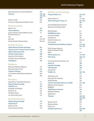 2010 Conference Program


national association of case Management                808         Software and Technology
*Netsmart                                              303, 307,   *Anasazi Software, Inc.                    324, 326,
                                                       309, 406,                                              327
                                                       408
                                                                   angel systems, Inc.                        121, 220
network of care                                        826
                                                                   Askesis Development Group, Inc.            401, 403,
university of Massachusetts Medical school             810                                                    405
                                                                   associated Management systems              828
Pharmaceuticals                                                    Behavioral Technology systems              706
alkermes, Inc.                                         206
*Genoa Healthcare                                      503         Bhr worldwide                              611
Janssen, Division of ortho-Mcneil-Janssen              117         *CBHNP/PerformCare                         521
Pharmaceuticals, Inc.
                                                                   caring Technologies                        228
Lilly                                                  703
                                                                   centersite.net                             304
QoL meds                                               333, 432
                                                                   claimTrak systems, Inc.                    500, 502
reckitt Benckiser Pharmaceuticals                      825, 827
                                                                   core solutions                             527
                                                                   *Credible Behavioral Healthcare Software   210, 520,
Provider Services                                                                                             522, 524
*Alaska Behavioral Health Association                  607
                                                                   cync software solutions                    113
*Arizona Council of Human Service Providers            704         (community reach center)
*BayCare Behavioral Health                             710         DaTIs                                      213
*Cherokee Health Systems                               806         *Defran Systems, Inc.                      721, 820
Kings View Tele-Psychiatry                             436         *Echo Group                                308, 310,
Providence service corporation                         233                                                    312
*ValueOptions                                          207         Functional assessments systems, LLc        227
                                                                   eHana LLC                                  708
Publishers                                                         Foothold Technology                        603
Behavioral healthcare Magazine                         337
                                                                   *Hill Associates                           308
Behavioral health central                              239
                                                                   icentrix corp                              217
*Hazelden Publishing                                   523
                                                                   *InfoMC, Inc.                              707, 709,
u.s. Psychiatric rehabilitation association            328                                                    711
wiley                                                  504         JaG Products, LLc                          222
                                                                   Kings View Tele-Psychiatry                 436
Recruiters                                                         Knight software                            102
alaska native Tribal health consortium                 211
                                                                   *Lavender and Wyatt Systems, Inc. (LWSI)   321, 420
*BayCare Behavioral Health                             710
                                                                   McKesson health solutions                  205
*PsychPros, Inc.                                       507
                                                                   MeDITech                                   812
riverValley and affiliates                             314
                                                                   *MHCD Research Institute                   203
staff care, Inc.                                       635
                                                                   Ms*health software                         728
The Meyers Group                                       723
                                                                   Myoutcomes                                 316
u.s. army civilian corps                               725
                                                                   *Netsmart                                  303, 307,
                                                                                                              309, 406,
Residential Services                                                                                          408
*BayCare Behavioral Health                             710         network of care                            826
*Hope Network                                          112         odyssey software                           713
network of care                                        826         Pinpoint, Inc.                             201
Phoenix houses of Florida                              732         *Qualifacts Systems, Inc.                  407, 506,
                                                                                                              508


www.TheNationalCouncil.org/Conference · 202.684.7457                                                                 71
 
