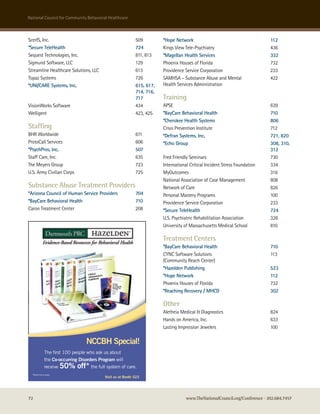 national council for community Behavioral healthcare



scerIs, Inc.                                                   509         *Hope Network                                        112
*Secure TeleHealth                                             724         Kings View Tele-Psychiatry                           436
sequest Technologies, Inc.                                     811, 813    *Magellan Health Services                            332
sigmund software, LLc                                          129         Phoenix houses of Florida                            732
streamline healthcare solutions, LLc                           613         Providence service corporation                       233
Topaz systems                                                  726         saMhsa – substance abuse and Mental                  422
*UNI/CARE Systems, Inc.                                        615, 617,   health services administration
                                                               714, 716,
                                                               717         Training
Visionworks software                                           434         aPse                                                 639
welligent                                                      423, 425    *BayCare Behavioral Health                           710
                                                                           *Cherokee Health Systems                             806
Staffing                                                                   crisis Prevention Institute                          712
Bhr worldwide                                                  611         *Defran Systems, Inc.                                721, 820
Protocall services                                             606         *Echo Group                                          308, 310,
*PsychPros, Inc.                                               507                                                              312
staff care, Inc.                                               635         Fred Friendly seminars                               730
The Meyers Group                                               723         International critical Incident stress Foundation    334
u.s. army civilian corps                                       725         Myoutcomes                                           316
                                                                           national association of case Management              808
Substance Abuse Treatment Providers                                        network of care                                      826
*Arizona Council of Human Service Providers                    704         Personal Mastery Programs                            100
*BayCare Behavioral Health                                     710         Providence service corporation                       233
caron Treatment center                                         208         *Secure TeleHealth                                   724
                                                                           u.s. Psychiatric rehabilitation association          328
                                                                           university of Massachusetts Medical school           810

                                                                           Treatment Centers
                                                                           *BayCare Behavioral Health                           710
                                                                           cync software solutions                              113
                                                                           (community reach center)
                                                                           *Hazelden Publishing                                 523
                                                                           *Hope Network                                        112
                                                                           Phoenix houses of Florida                            732
                                                                           *Reaching Recovery / MHCD                            302

                                                                           Other
                                                                           aletheia Medical & Diagnostics                       824
                                                                           hands on america, Inc.                               633
                                                                           Lasting Impression Jewelers                          100

                                   NCCBH Special!
               The ﬁrst 100 people who ask us about
               the Co-occurring Disorders Program will
               receive 50%     off* the full system of care.
  *Restrictions apply.
                                             Visit us at Booth 523




72                                                                                     www.TheNationalCouncil.org/Conference · 202.684.7457
 
