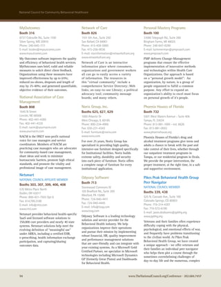 national council for community Behavioral healthcare



MyOutcomes                                      Network of Care                                 Personal Mastery Programs
Booth 316                                       Booth 826                                       Booth 100
8737 colesville rd., suite 1100                 1101 5th ave., suite 250                        31000 Telegraph rd., suite 260
silver spring, MD 20910                         san rafael, ca 94901                            Bingham Farms, MI 48025
Phone: 240-645-1111                             Phone: 415-458-5900                             Phone: 248-647-9290
e-mail: bizdev@myoutcomes.com                   Fax: 415-256-9036                               e-mail: bzimmerman@pmpcoach.com
www.myoutcomes.com                              e-mail: nocinformation@networkofcare.org        www.pmpcoach.com
My Outcomes software improves the quality       www.networkofcare.org                           PMP delivers Change-Management
and efficiency of behavioral health services.   Network of Care is an interactive               programs that ensure the effective
MyOutcomes uses brief, valid and reliable       information place where consumers,              implementation of innovative methods
measures to solicit direct client feedback.     organizations and government workers            and technologies within Health Care
Organizations using these measures have         all can go to easily access a variety           Organizations. Our approach is based
improved effectiveness by up to 65%;            of information. The resources in                on a “personal growth model”: An
reduced no-shows, dropouts and length of        this “virtual community” include a              organization, by nature, is a group of
stay by 25-40%; and generated quantifiable,     comprehensive Service Directory; Web            people organized to fulfill a common
objective evidence of their outcomes.           links; an easy-to-use Library; a political      purpose. Any effort to expand an
                                                advocacy tool; community message                organization’s ability to excel must focus
National Association of Case                    boards; and many others.                        on personal growth of it’s people.
Management
Booth 808                                       Norix Group, Inc.                               Phoenix Houses of Florida
1645 n street                                   Booths 625, 627, 629                            Booth 732
Lincoln, ne 68508                               1000 atlantic Dr                                5501 west waters avenue - suite 406
Phone: 402-441-4385                             west chicago, IL 60185                          Tampa, FL 33634
Fax: 402-441-4335                               Phone: 800-234-4900                             Phone: 813-881-1000 - ext. 6626
e-mail: nacm@yournacm.com                       Fax: 630-231-4343                               Fax: 813-881-0003
www.yournacm.com                                e-mail: furniture@norix.com                     www.phoenixhouse.org
NACM is the ONLY non-profit national            www.norix.com                                   Phoenix Houses of Florida’s drug and
voice for case managers and service             For over 25 years, Norix Group has              alcohol treatment programs give teens and
coordinators. Members of NACM are               specialized in providing high quality,          adults a chance to break with the past and
practicing case managers who are advocates      intensive-use furniture designed specifically   take control of their lives, whether through
for community-based case management,            for Institutional facilities. Norix builds      our outpatient treatment programs in
share ideas and work to minimize                extreme safety, durability and security         Tampa, or our residential program in Ocala.
bureaucratic barriers, promote high ethical     into each piece of furniture. Norix offers      We provide the proper intervention, the
standards, and promote the vitality and         a complete range of furniture for every         proper treatment, at the right time, in a safe
professional image of case management.          institutional application.                      and supportive environment.
Netsmart
naTIonaL councIL aFFILIaTe MeMBer
                                                Odyssey Software                                Pikes Peak Behavioral Health Group
                                                Booth 713                                       Peer Navigator
Booths 303, 307, 309, 406, 408
                                                stonewood commons III                           naTIonaL councIL MeMBer
570 Metro Place north
                                                105 Bradford rd., suite 200                     Booths 339, 438
Dublin, oh 43017
                                                wexford, Pa 15090                               525 n. cascade ave., suite 100
Phone: 800-421-7503 opt 6
                                                Phone: 724-940-4411                             colorado springs, co 80903
Fax: 614.799.3188
                                                Fax: 724-940-4445                               Phone: 719-314-4307
e-mail: info@ntst.com
                                                e-mail: info@tosg.com                           Fax: 719-572-6199
www.ntst.com
                                                www.tosg.com                                    e-mail: jason.deabueno@ppbhg.org
Netsmart provides behavioral health-specific
                                                Odyssey Software is a leading technology        www.ppbhg.org
SaaS and licensed software solutions to
                                                solution and service provider for the           Veterans and their families often experience
350,000 care providers and nearly 40 state
                                                Behavioral Health industry. We help             difficulty coping with the physical,
systems. Netsmart solutions help meet the
                                                organizations improve their operations          psychological, and emotional effects of war,
evolving definition of “meaningful use”
                                                and pursue their mission by implementing        and frequently have problems transitioning
under ARRA, including a certified EHR,
                                                robust financial, HR, quality improvement       to the civilian world. At Pikes Peak
e-prescribing, health information exchange
                                                and performance management solutions            Behavioral Health Group, we have created
participation, and capturing/sharing
                                                that are user-friendly and can integrate with   a unique approach - we offer veterans and
outcomes data.
                                                your existing systems. As a Microsoft Gold      their families an individual peer navigator
                                                Certified Partner, we specialize in Microsoft   who helps them plot a course through the
                                                technologies including Microsoft Dynamics       sometimes overwhelming challenges of
                                                GP (formerly Great Plains) and Dashboards       day-to-day life and the numerous, complex
                                                for Behavioral Health.


94                                                                                   www.TheNationalCouncil.org/Conference · 202.684.7457
 