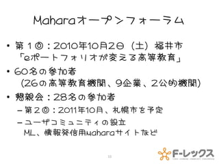 Maharaオープンフォーラム

• 第１回：2010年10月2日（土）福井市
  「eポートフォリオが変える高等教育」
• 60名の参加者
  （26の高等教育機関、9企業、2公的機関）
• 懇親会：28名の参加者
 – 第２回：2011年10月、札幌市を予定
 – ユーザコミュニティの設立
   ML、情報発信用maharaサイトなど

              11
 