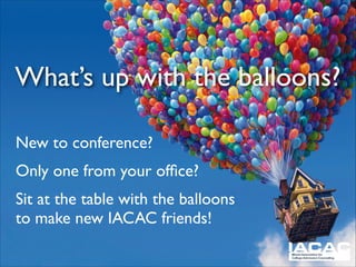 What’s up with the balloons?
New to conference? 	

Only one from your ofﬁce? 	

Sit at the table with the balloons
to make new IACAC friends!
 