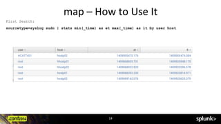 map	
  –	
  How	
  to	
  Use	
  It	
  
First Search:
sourcetype=syslog sudo | stats min(_time) as et max(_time) as lt by user host
14	
  
 