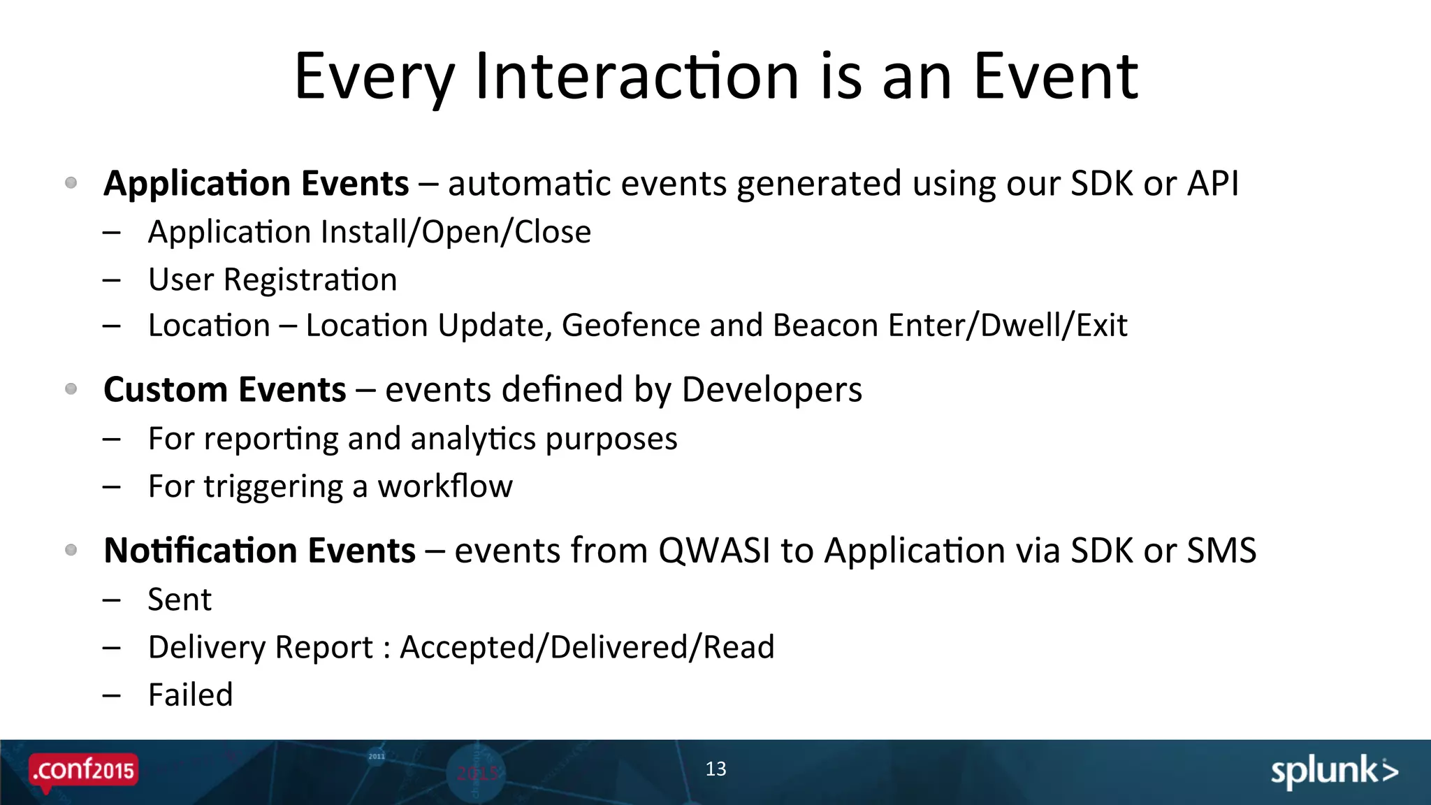 Every	
  InteracPon	
  is	
  an	
  Event	
  
!   Applica'on	
  Events	
  –	
  automaPc	
  events	
  generated	
  using	
  our	
  SDK	
  or	
  API	
  
–  ApplicaPon	
  Install/Open/Close	
  
–  User	
  RegistraPon	
  
–  LocaPon	
  –	
  LocaPon	
  Update,	
  Geofence	
  and	
  Beacon	
  Enter/Dwell/Exit	
  
!   Custom	
  Events	
  –	
  events	
  deﬁned	
  by	
  Developers	
  
–  For	
  reporPng	
  and	
  analyPcs	
  purposes	
  	
  
–  For	
  triggering	
  a	
  workﬂow	
  
!   No'ﬁca'on	
  Events	
  –	
  events	
  from	
  QWASI	
  to	
  ApplicaPon	
  via	
  SDK	
  or	
  SMS	
  
–  Sent	
  
–  Delivery	
  Report	
  :	
  Accepted/Delivered/Read	
  
–  Failed	
  
13	
  
 